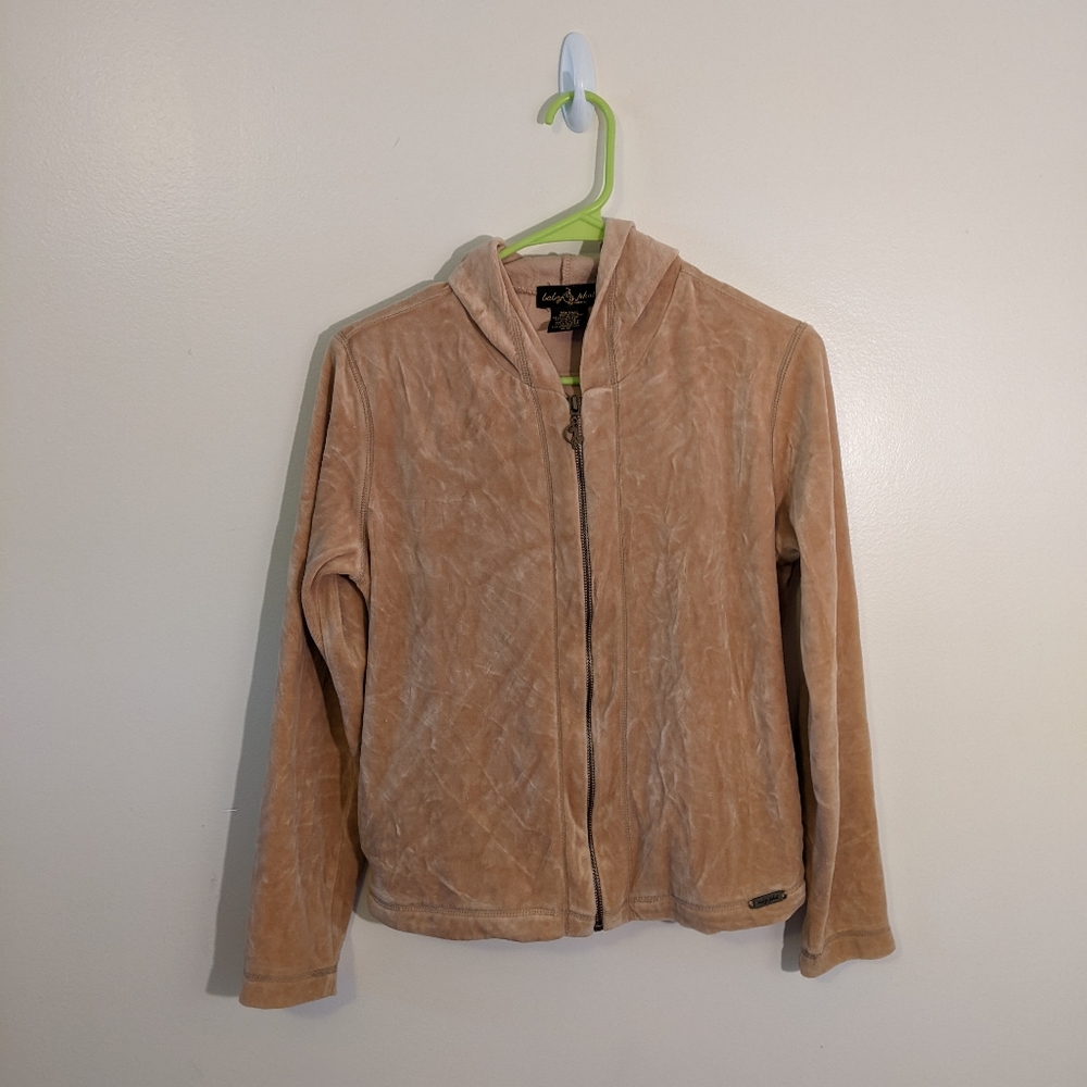 Y2k Baby Phat Retro Preppy Tan Velour Zip Front Hoodie Jacket